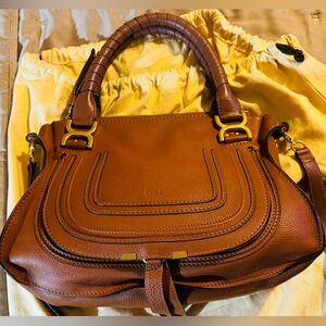 Chloe Marcie Satchel in Tan Grained Leather with Gold Accents